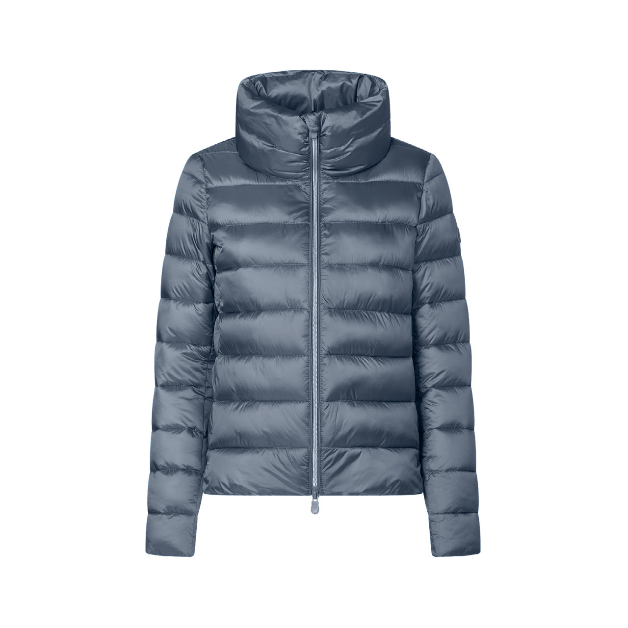 A slate blue-gray puffer jacket with a high stand-up collar and front zipper, shown against a plain white background.