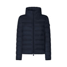 A dark navy blue puffer jacket with a high stand-up collar and front zipper, shown against a plain white background.