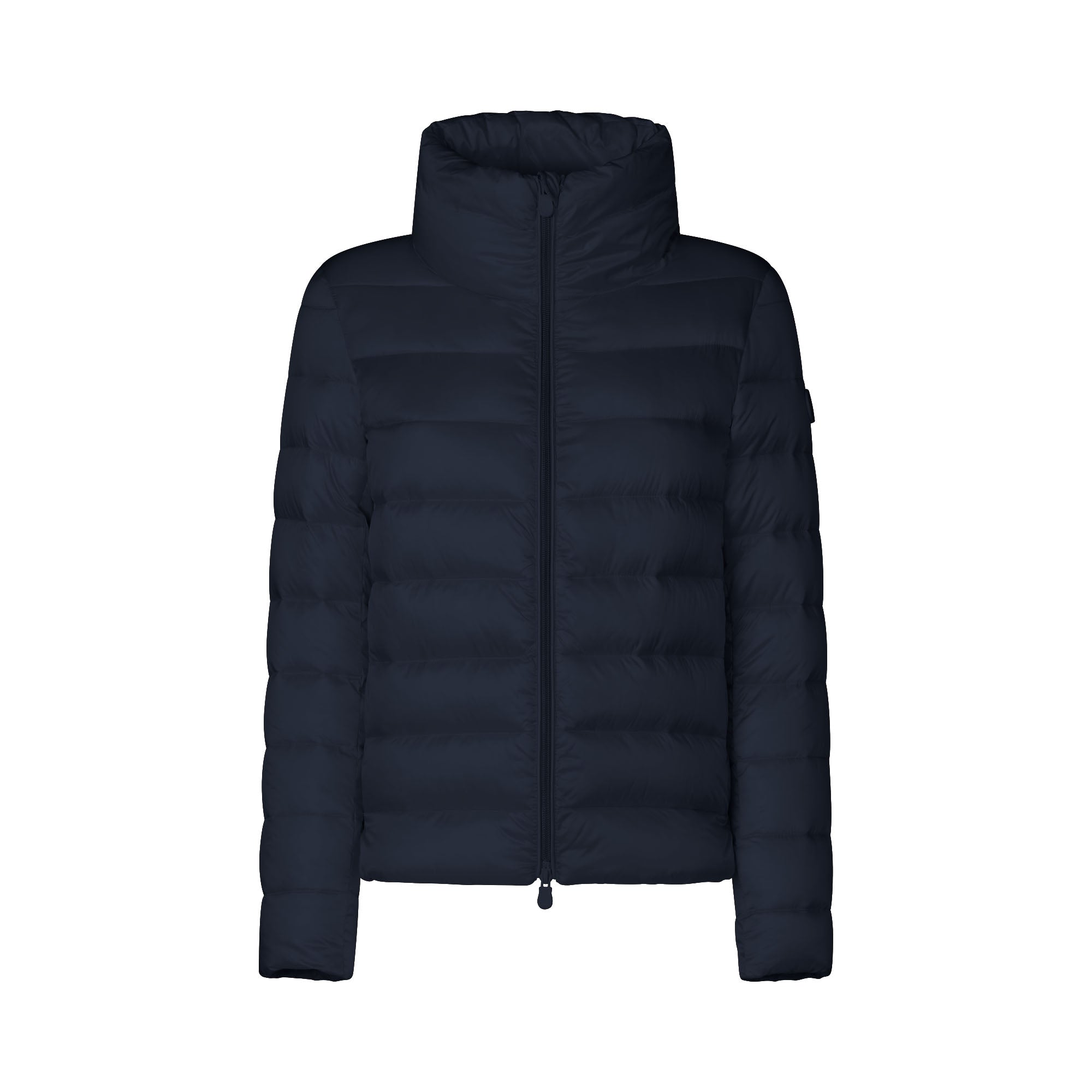 A dark navy blue puffer jacket with a high stand-up collar and front zipper, shown against a plain white background.