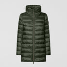 A dark olive green puffer jacket with a high stand-up collar and front zipper, shown against a light gray background.