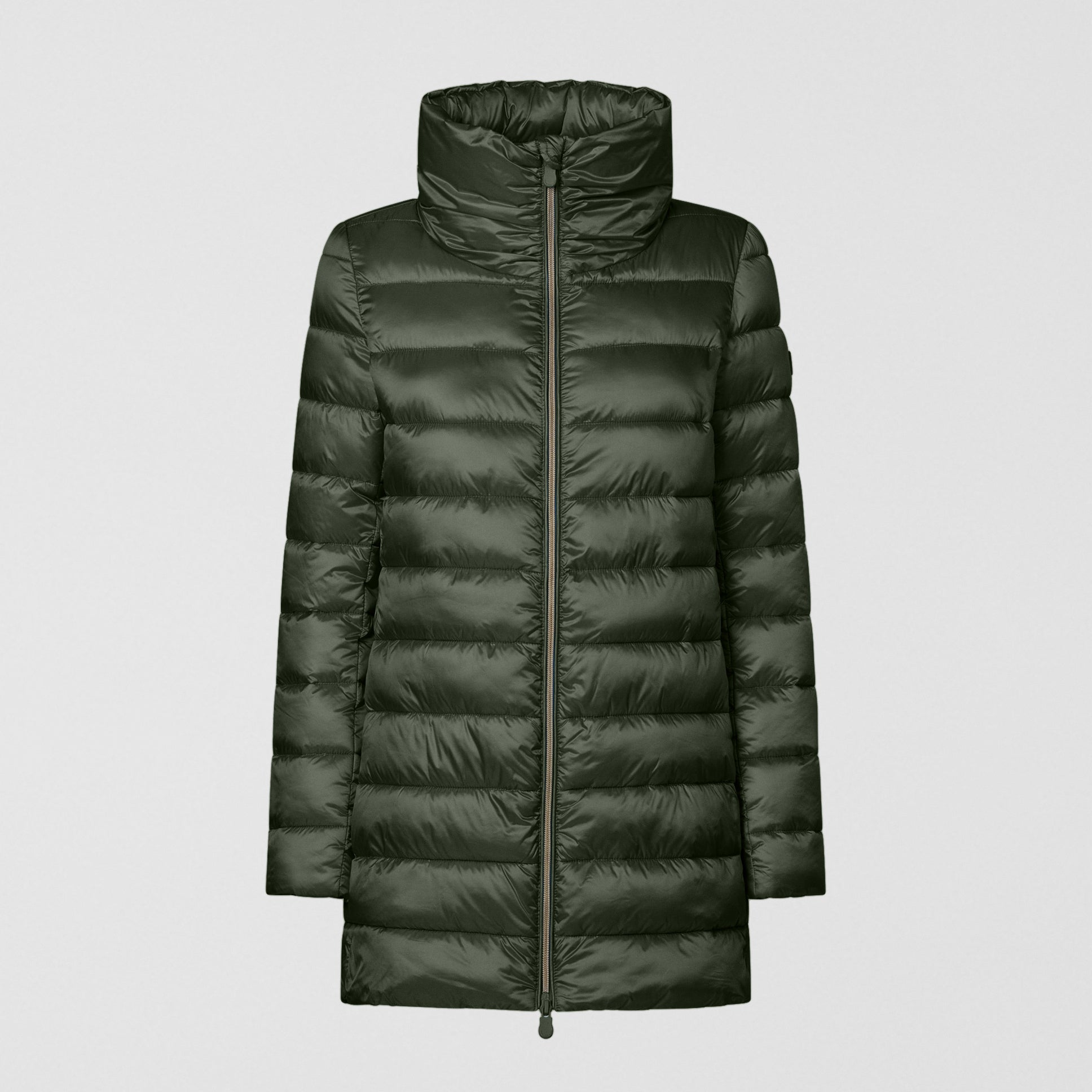 A dark olive green puffer jacket with a high stand-up collar and front zipper, shown against a light gray background.