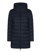 A dark navy blue hooded puffer jacket with horizontal quilting, shown on a plain white background.