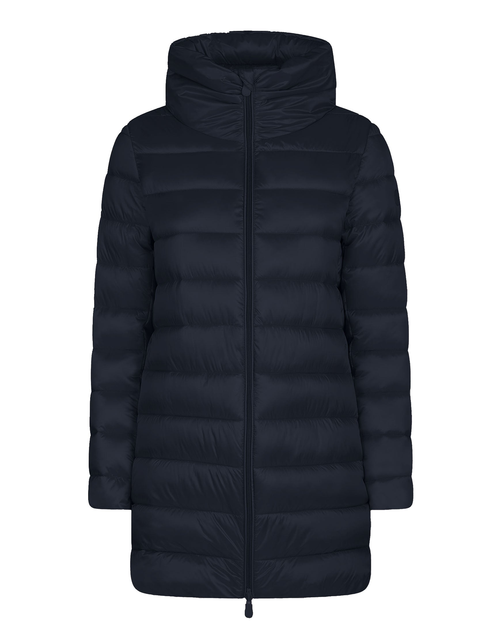 A dark navy blue hooded puffer jacket with horizontal quilting, shown on a plain white background.