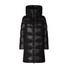 A black hooded puffer jacket with horizontal quilting, shown against a plain white background.