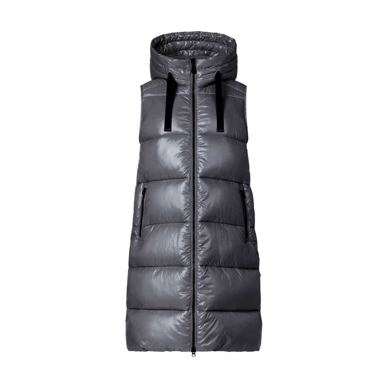 A dark gray hooded puffer vest with horizontal quilting, a front zipper, and zippered side pockets, shown against a plain white background.