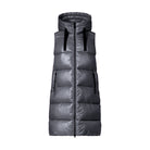 A dark gray hooded puffer vest with horizontal quilting, a front zipper, and zippered side pockets, shown against a plain white background.