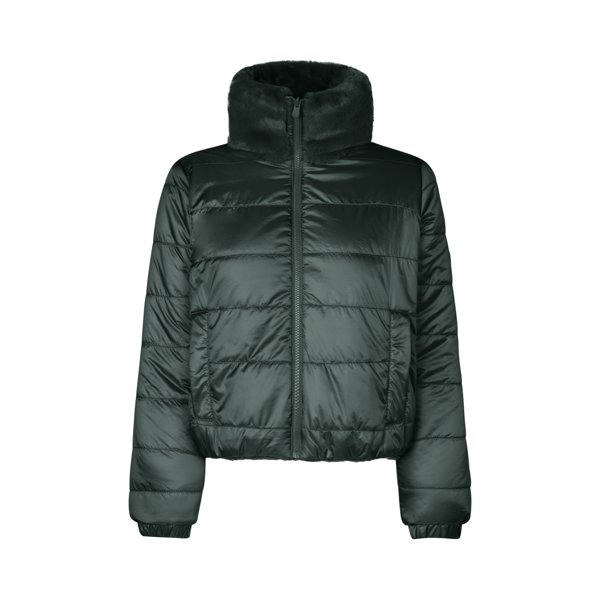 A dark forest green puffer jacket with a high collar, faux fur trim, and horizontal quilting, shown against a plain white background.