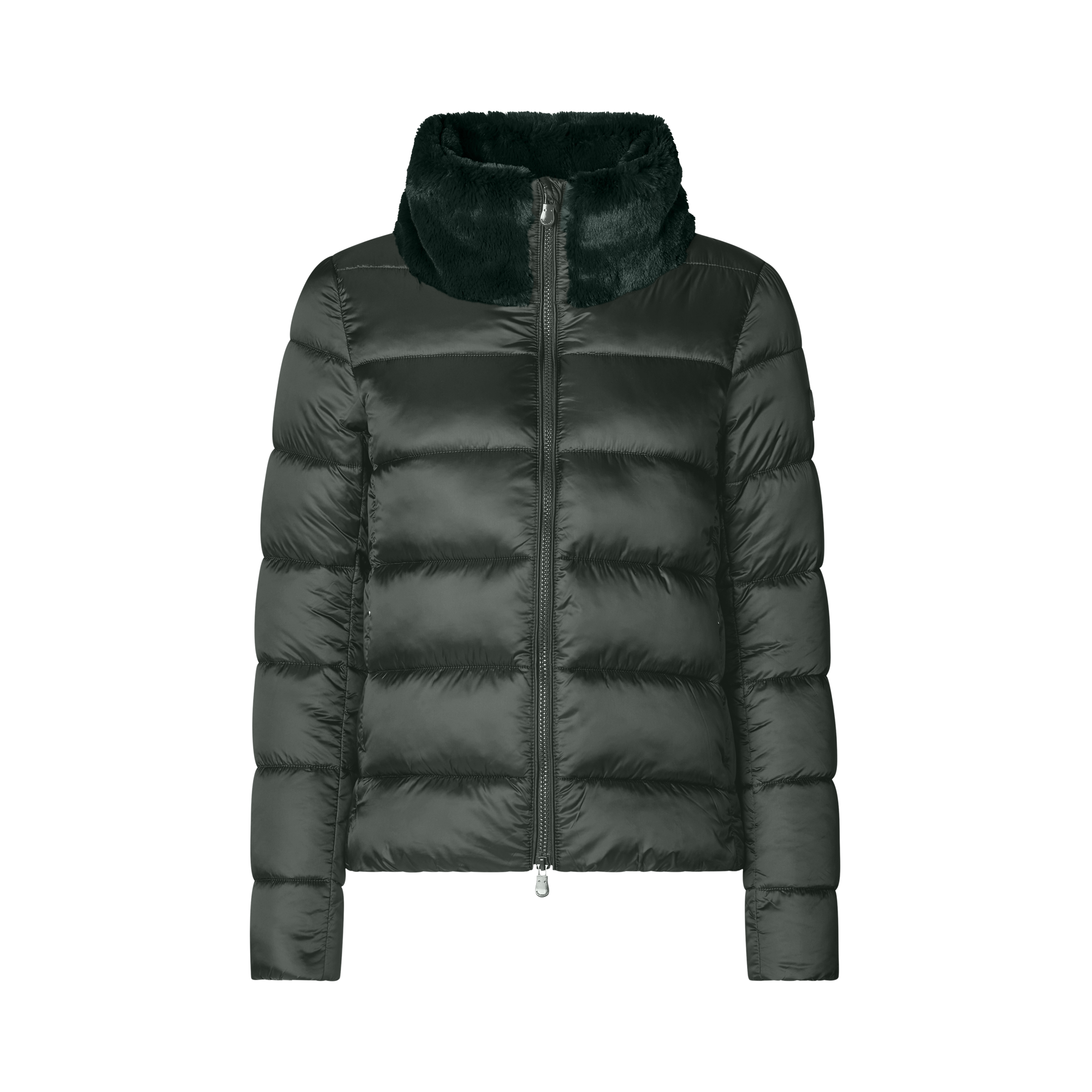 A dark green puffer jacket with a high collar featuring a contrasting dark green faux-fur trim, shown against a plain white background.