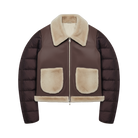 A cropped zip-front jacket with dark brown quilted sleeves and body, beige faux-fur collar, pockets, and hem, shown on a plain white background.