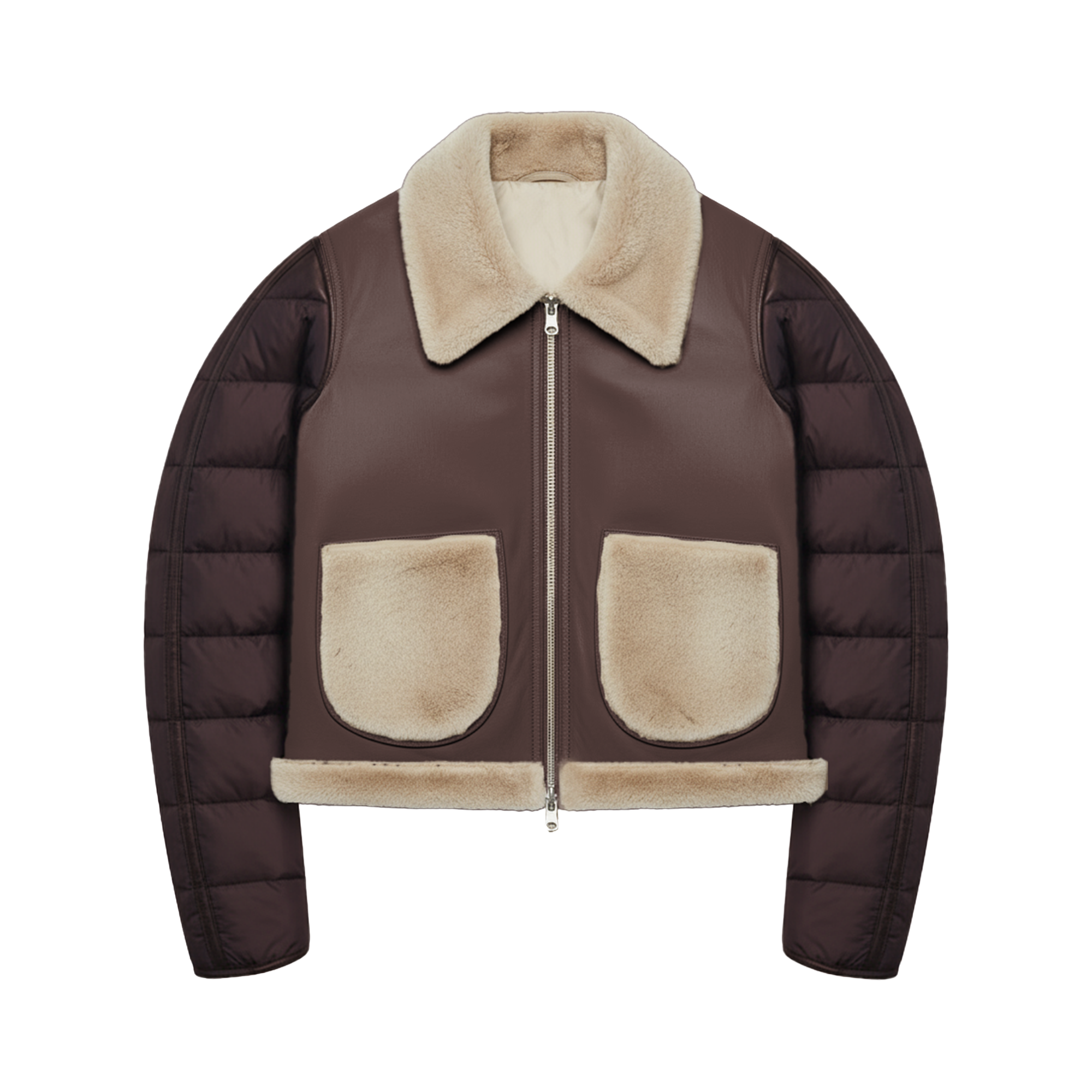 A cropped zip-front jacket with dark brown quilted sleeves and body, beige faux-fur collar, pockets, and hem, shown on a plain white background.