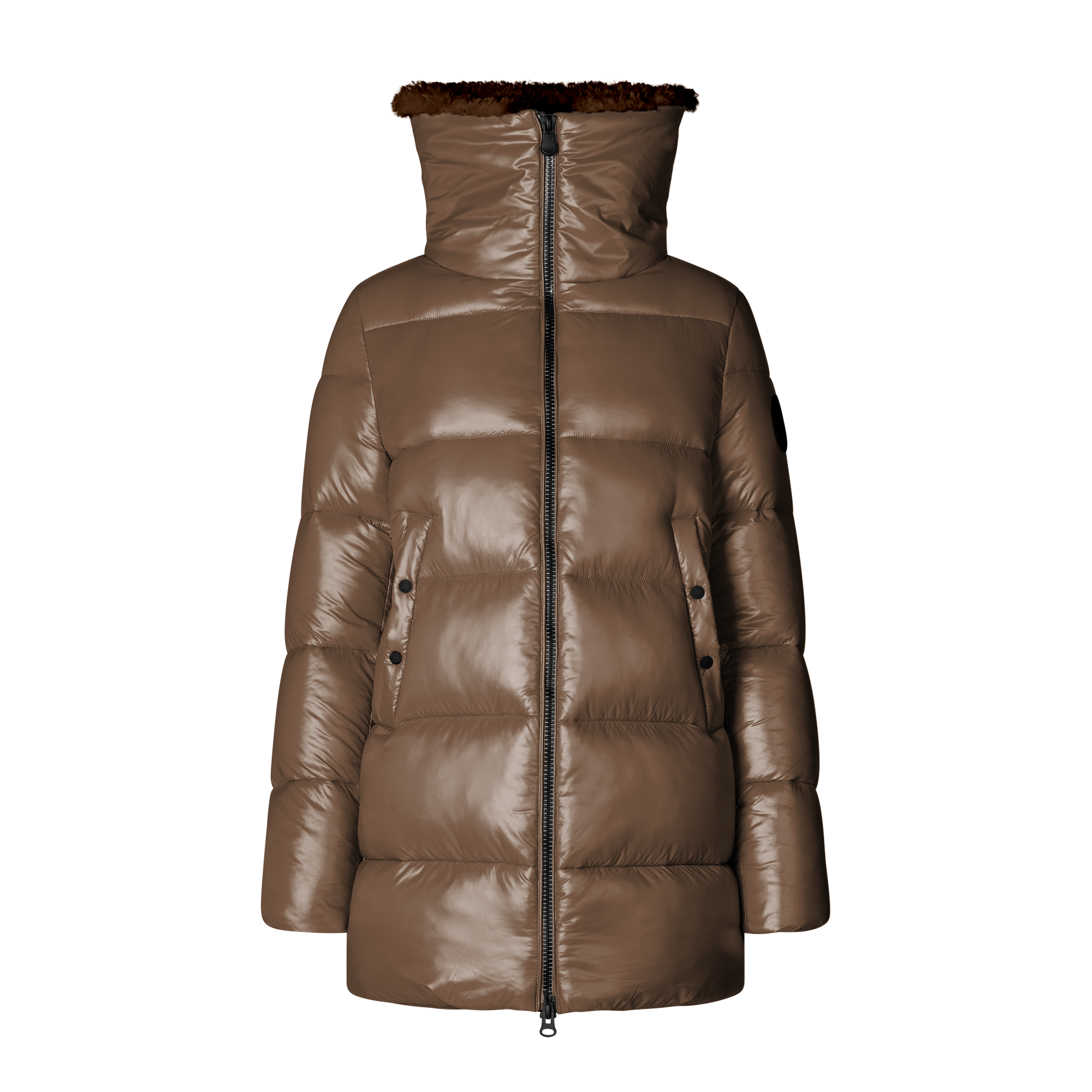 A shiny brown puffer coat with a high collar, faux-fur trim, and front zipper, shown on a plain white background.