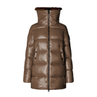 A shiny brown puffer coat with a high collar, faux-fur trim, and front zipper, shown on a plain white background.