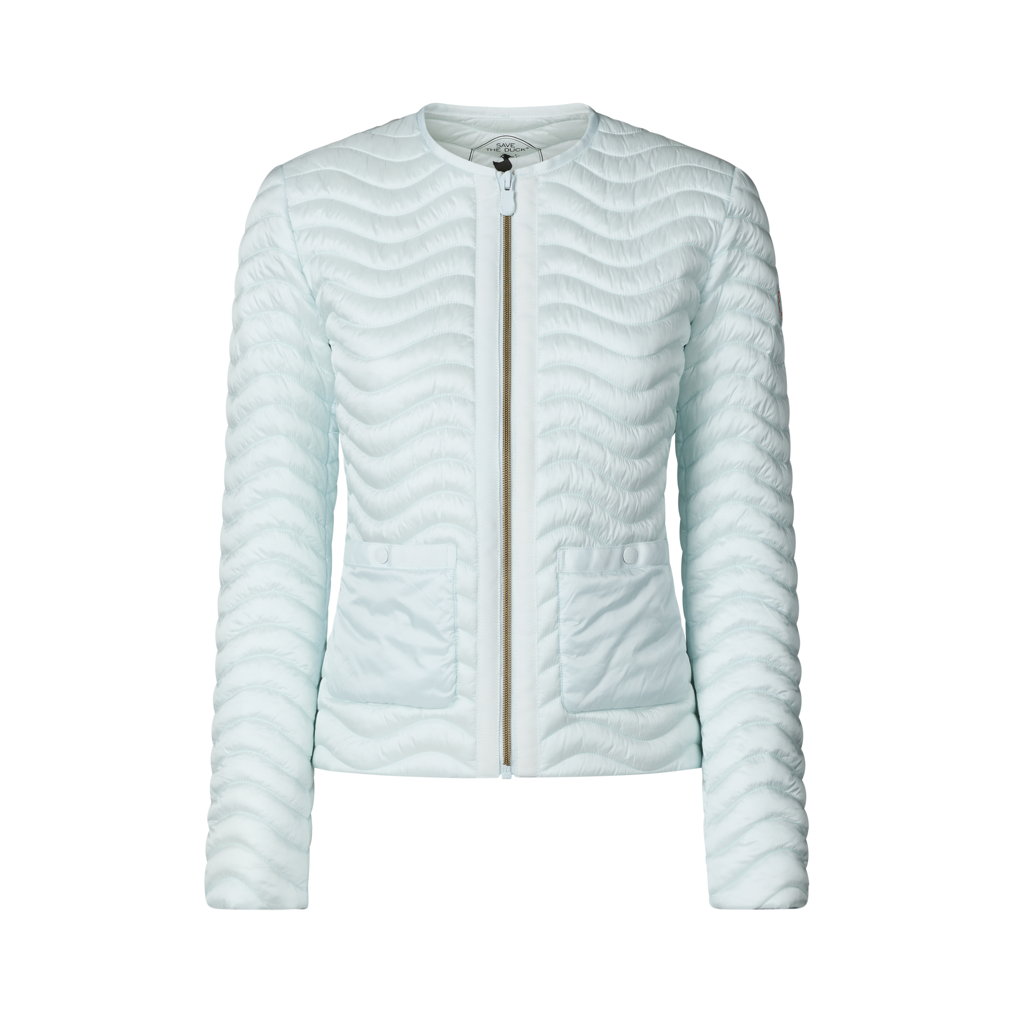 Light blue quilted jacket on a white background