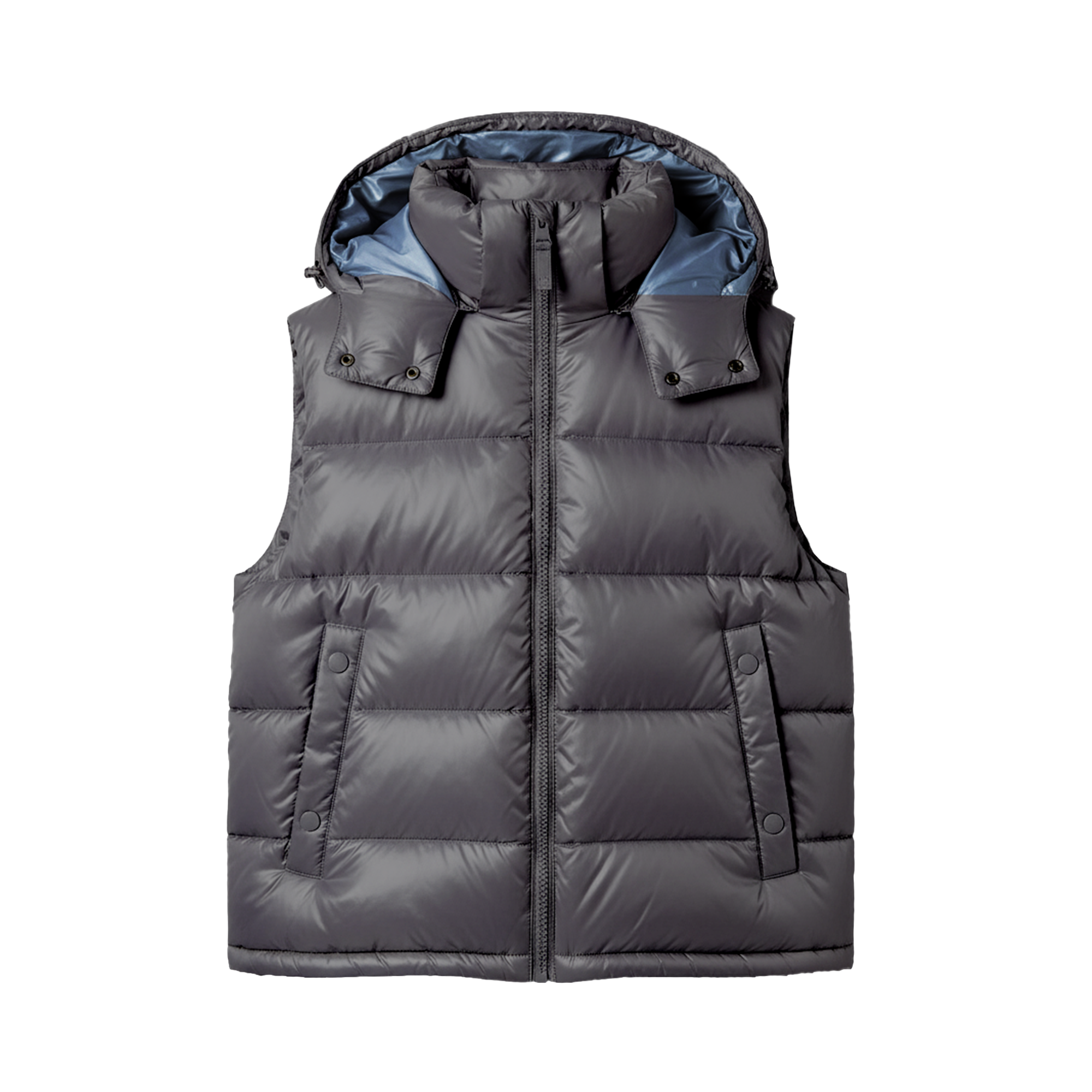A dark gray hooded puffer vest with a full front zipper, horizontal quilted padding, and snap-button flap collar details, shown against a plain white background.