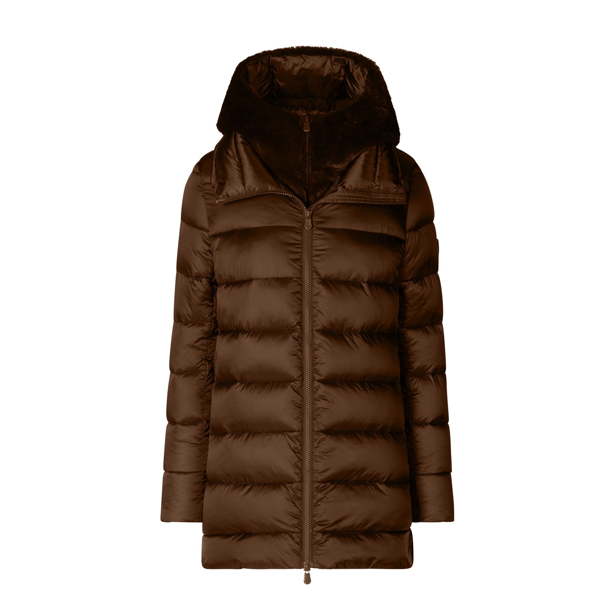 A dark brown hooded puffer jacket with horizontal quilting and a plush faux-fur collar, shown against a plain white background.