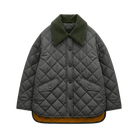 A dark gray diamond-quilted jacket with an olive green fleece collar, snap-button front, and two front flap pockets, shown on a plain white background.