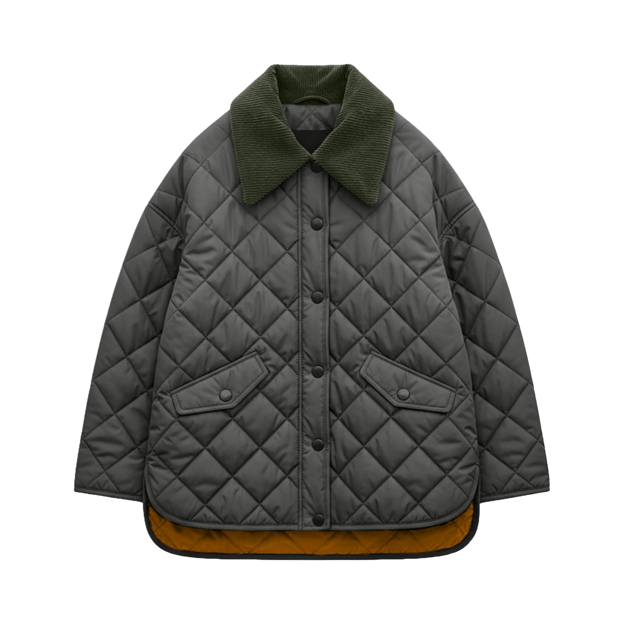 A dark gray diamond-quilted jacket with an olive green fleece collar, snap-button front, and two front flap pockets, shown on a plain white background.
