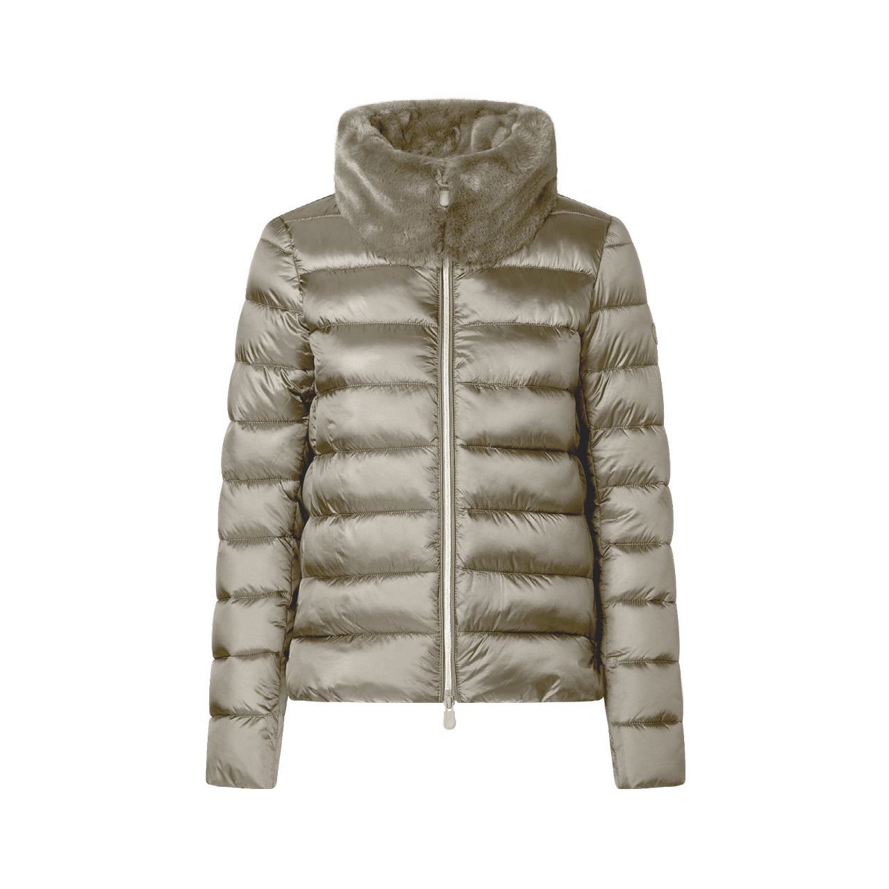 A women's puffer jacket in a metallic taupe-beige color, featuring horizontal quilting, a high collar with plush faux-fur trim, and a front zipper closure, shown against a plain white background.