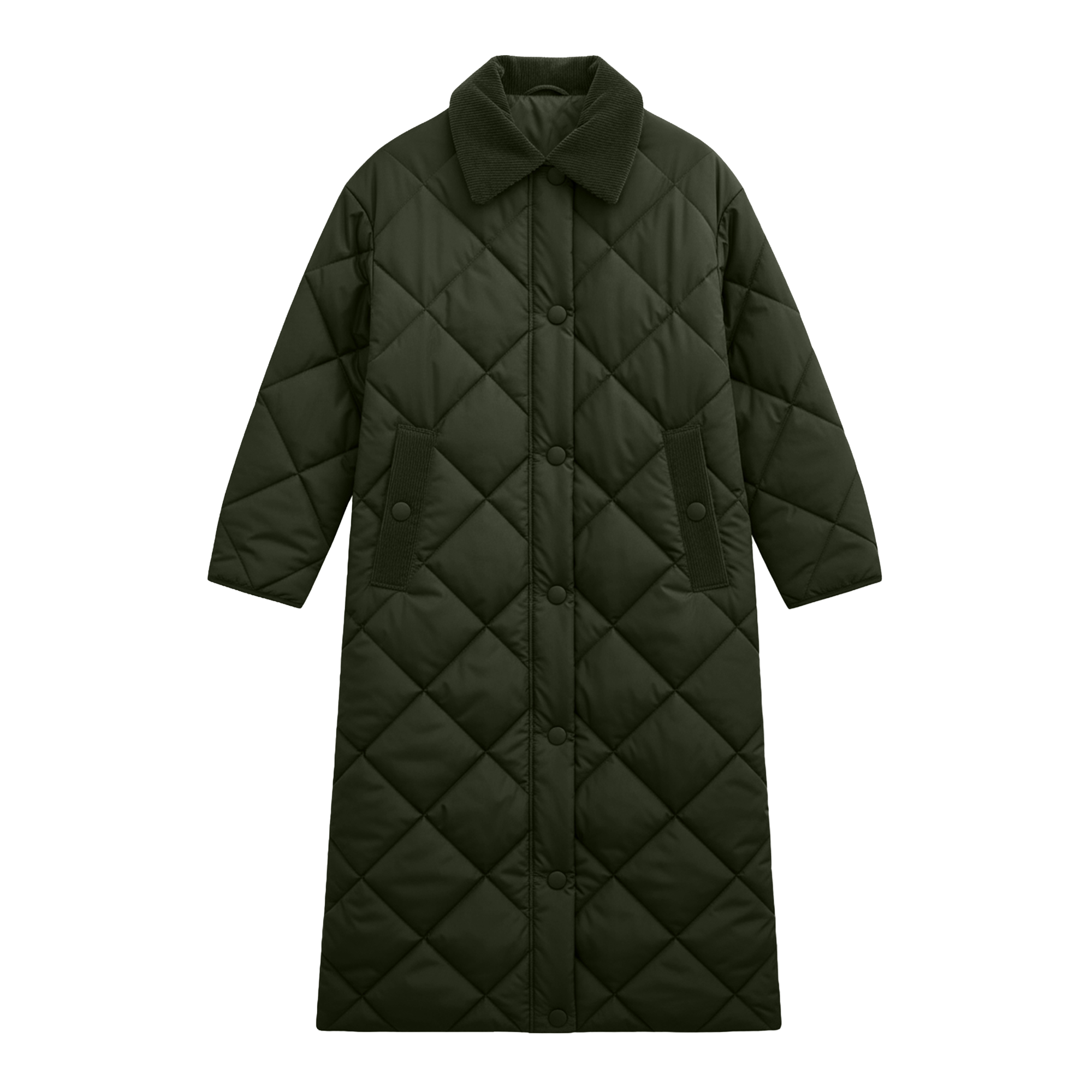 A dark olive green diamond-quilted puffer coat with a collar and front buttons, shown flat against a solid white background.