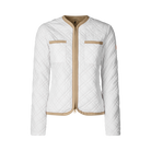 White quilted jacket with beige accents on a white background