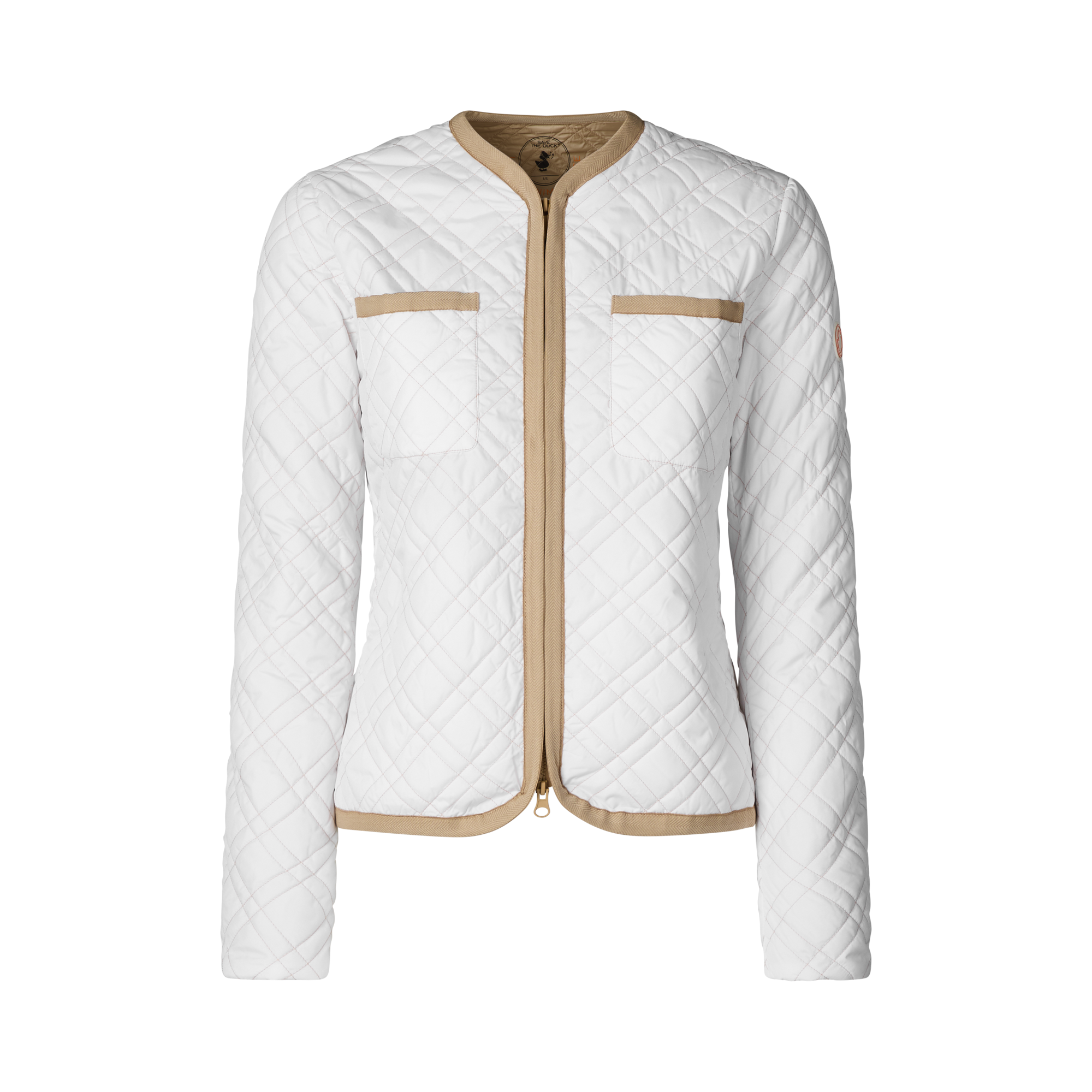 White quilted jacket with beige accents on a white background
