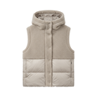 A hooded sleeveless puffer vest with a soft sherpa fleece upper section and a quilted puffer lower section, shown flat against a solid white background.