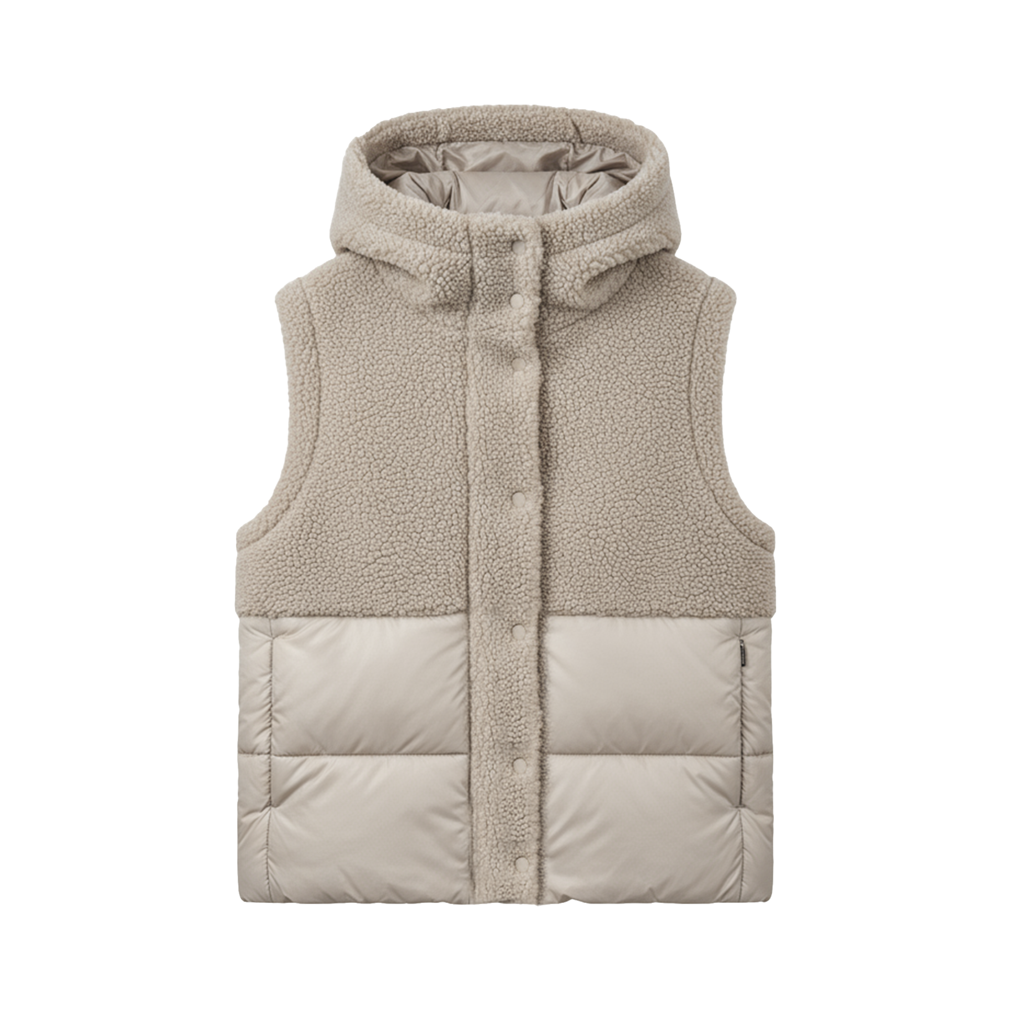 A hooded sleeveless puffer vest with a soft sherpa fleece upper section and a quilted puffer lower section, shown flat against a solid white background.