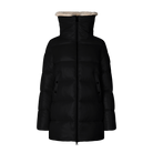 A black puffer jacket with a high collar featuring a light beige faux-fur trim, shown against a plain white background.