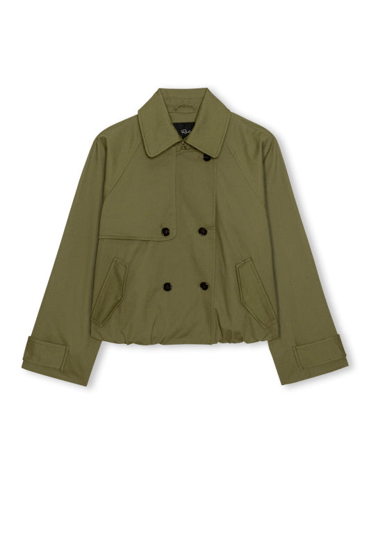 An olive green cropped double-breasted jacket with a pointed collar and dark buttons, displayed flat against a white background.