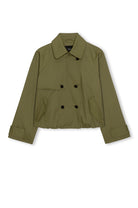 An olive green cropped double-breasted jacket with a pointed collar and dark buttons, displayed flat against a white background.
