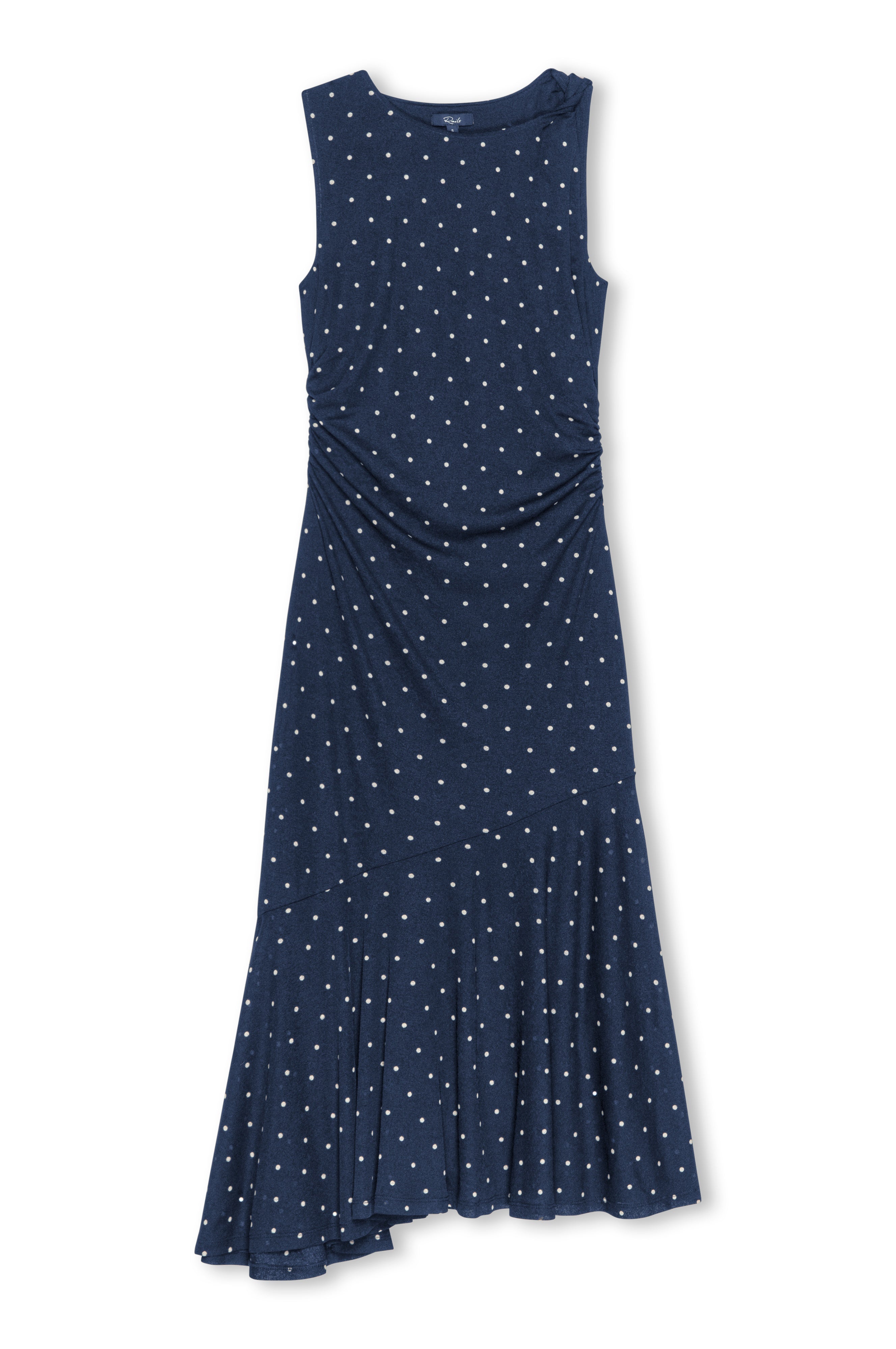 A sleeveless navy blue dress with a small white polka dot pattern, featuring a gathered waist and a flared skirt, shown against a plain white background.
