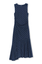 A sleeveless navy blue dress with a small white polka dot pattern, featuring a gathered waist and a flared skirt, shown against a plain white background.