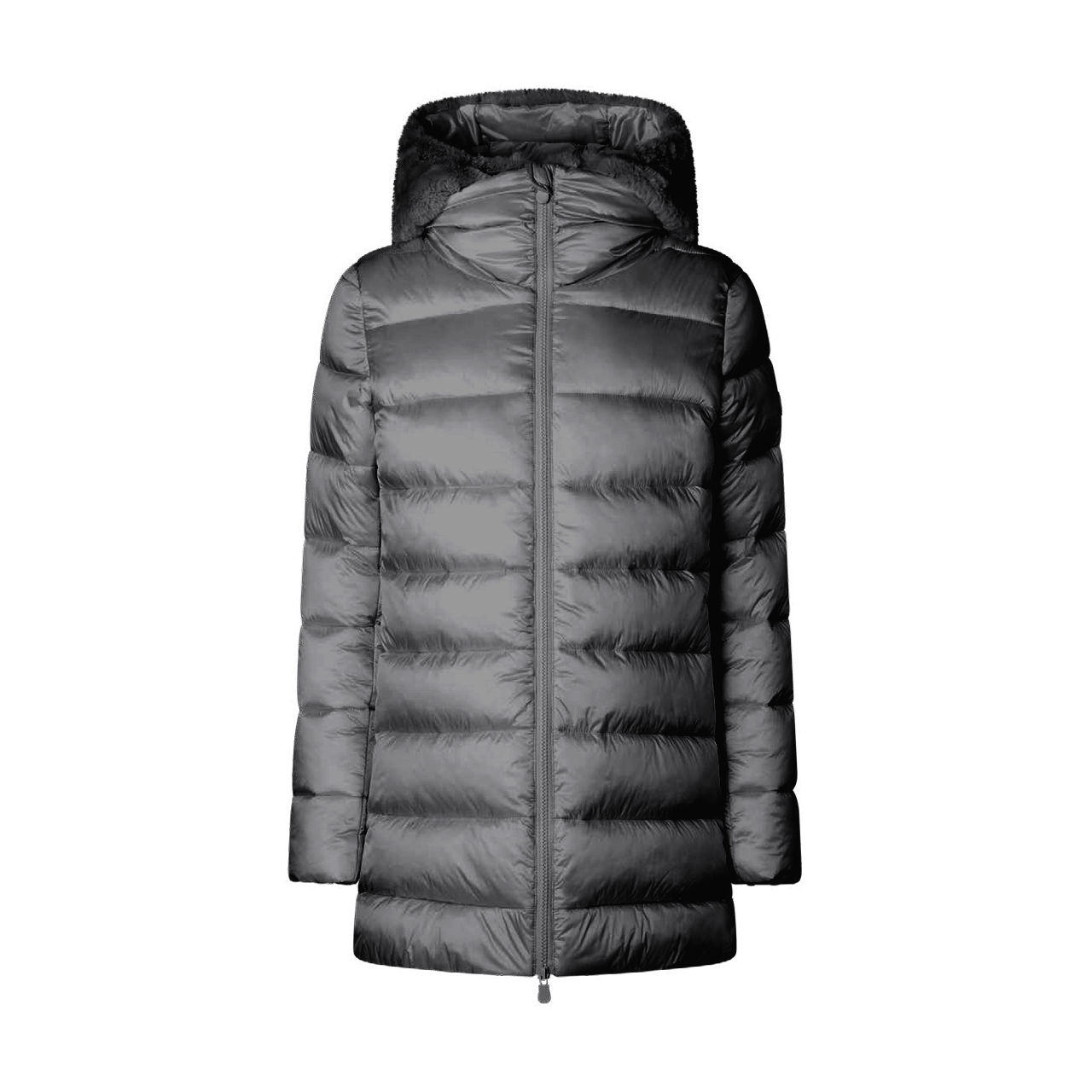 A dark gray hooded puffer jacket with horizontal quilting and a front zipper, shown against a plain white background.