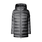 A dark gray hooded puffer jacket with horizontal quilting and a front zipper, shown against a plain white background.