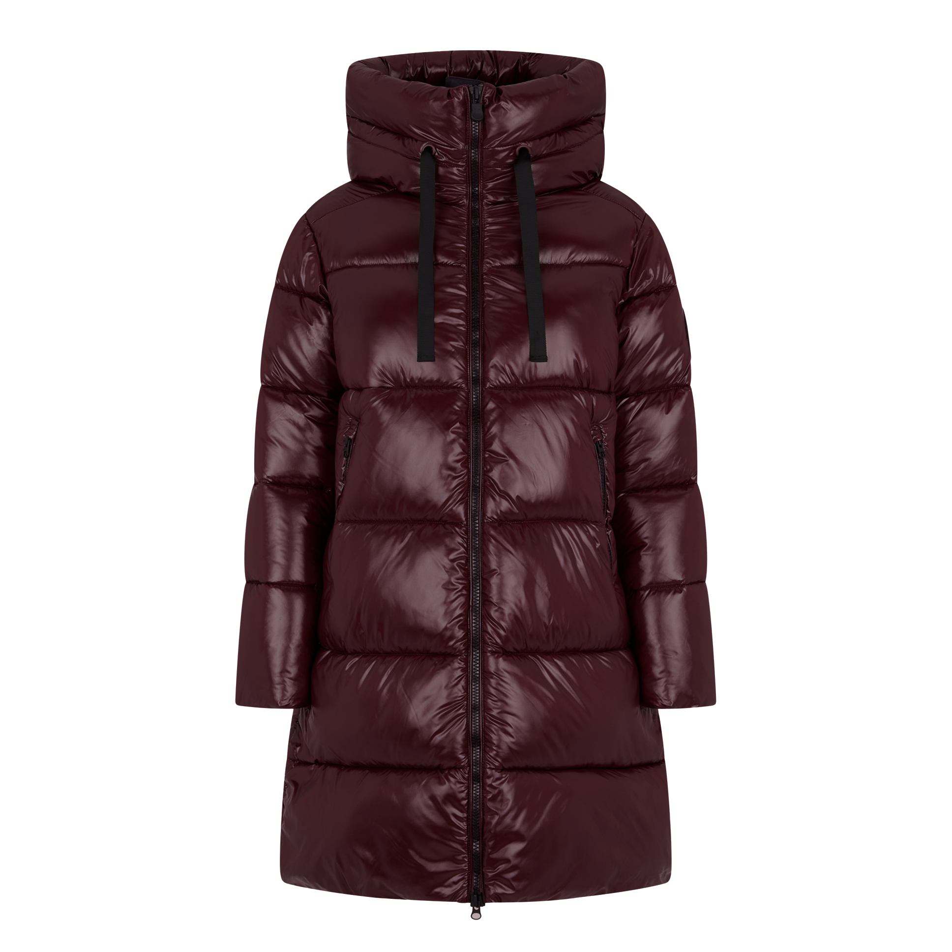 A shiny, quilted puffer coat in deep burgundy with black drawstrings and a black front zipper, shown on a plain white background.
