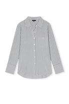 A long-sleeve button-up shirt with thin vertical navy and white stripes, buttoned up against a plain white studio background.