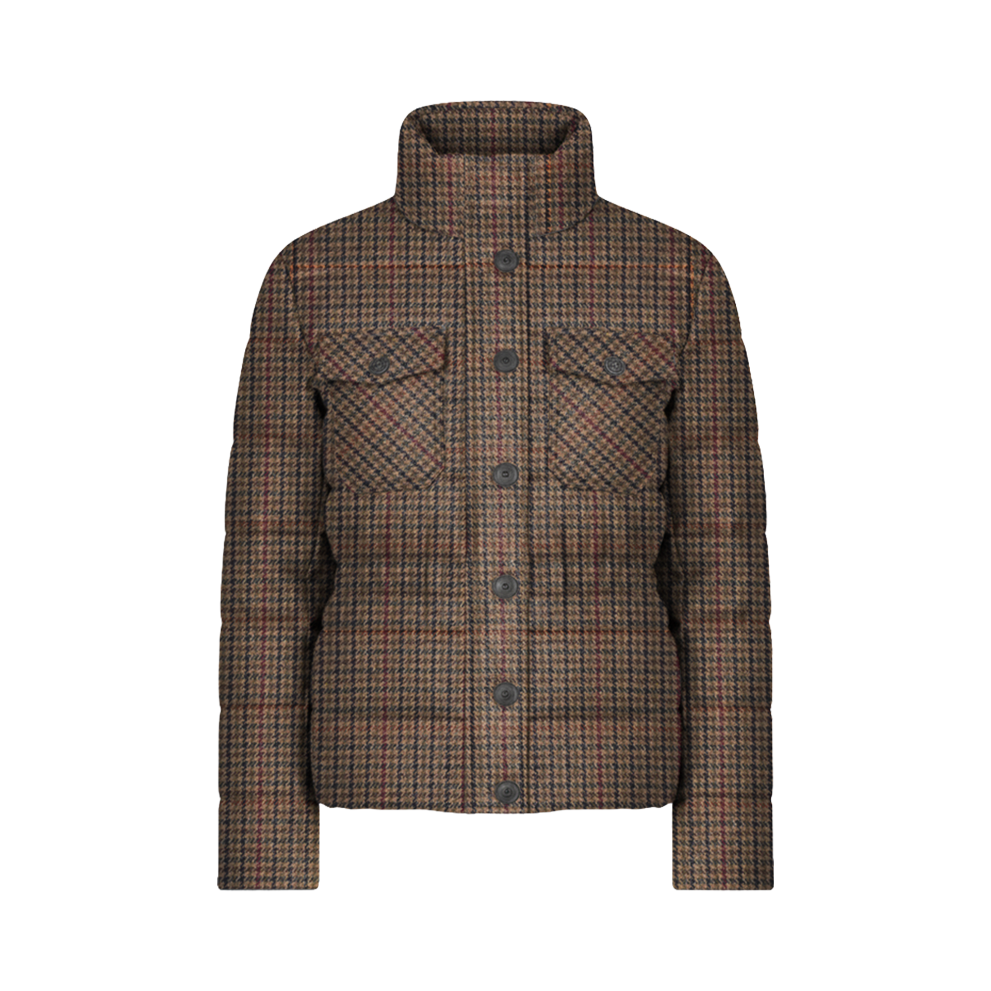 A women's quilted jacket featuring a brown, black, and beige houndstooth pattern, with a high stand-up collar and front button closure.