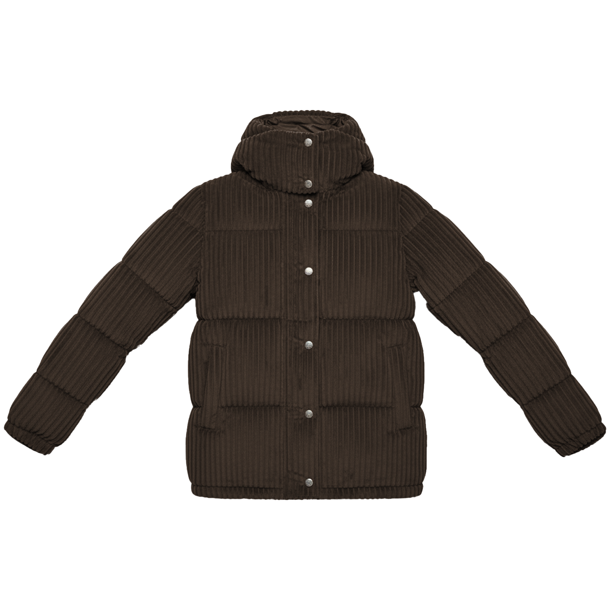 A dark brown ribbed corduroy puffer jacket with a hood and snap-button front, displayed on a clean white background.