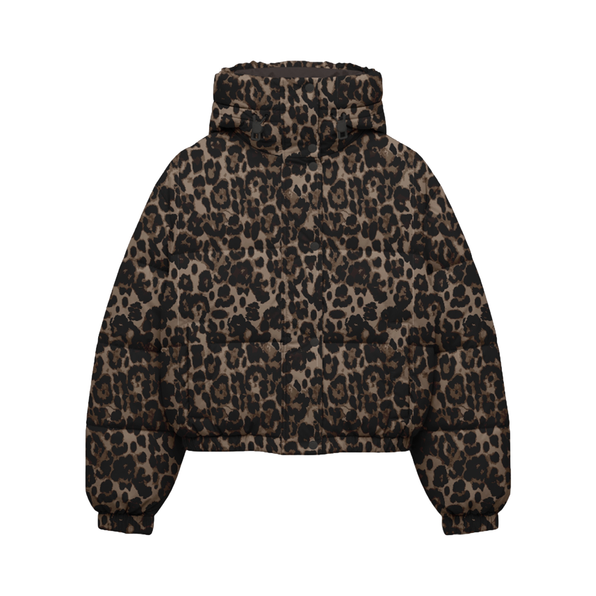 A cropped puffer jacket with a brown and black leopard print pattern, featuring a high ribbed collar and elasticized cuffs, shown against a plain white background.