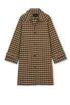 A long-sleeve plaid coat by the brand A.M, featuring a brown and beige checkered pattern, a pointed collar, and front buttons, shown flat on a white background.