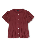 A short-sleeve button-up blouse in a deep burgundy color, featuring a ruffled neckline, vertical textured pleats, and puff sleeves, shown against a plain white background.