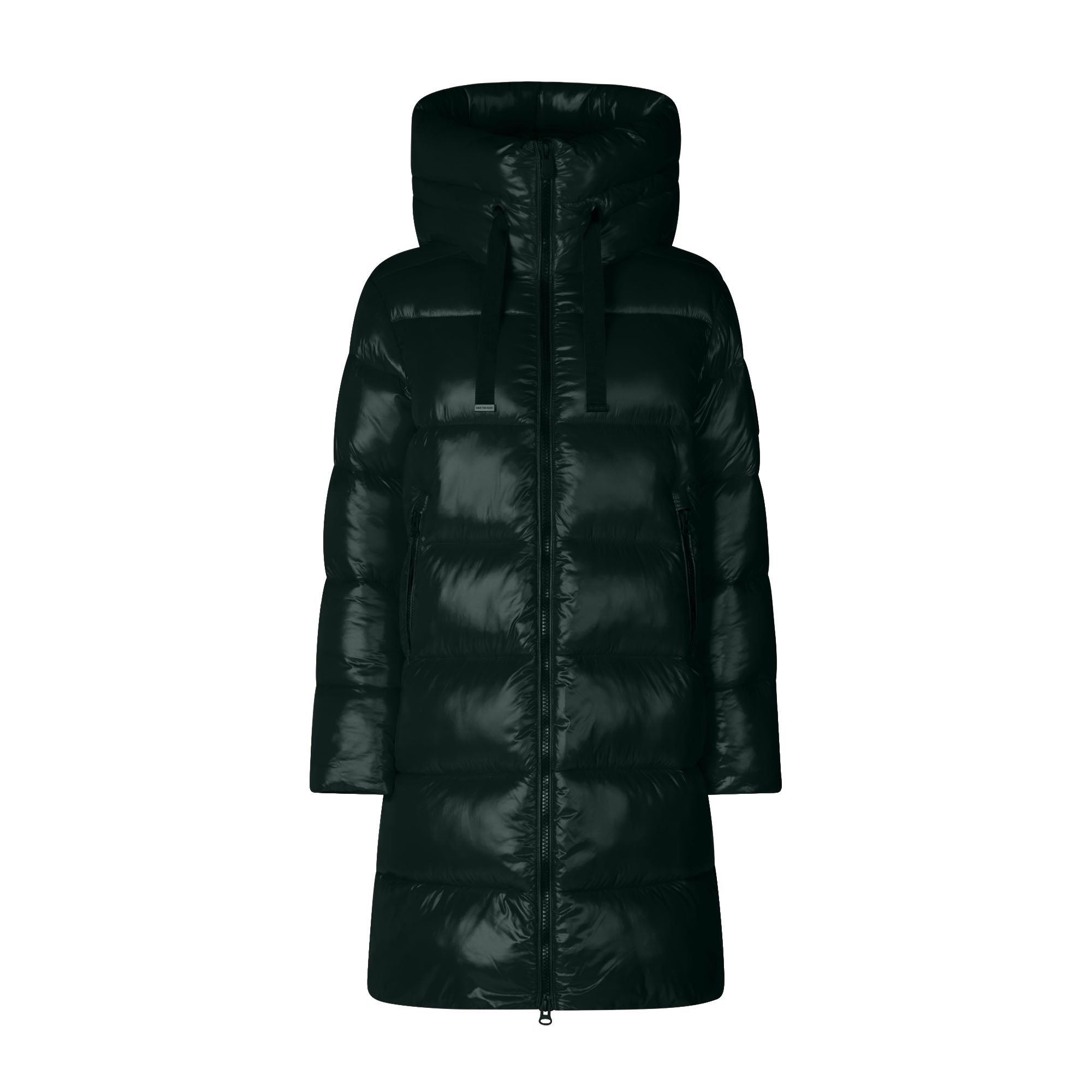A shiny black hooded puffer coat with horizontal quilting, shown against a plain white background.