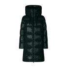A shiny black hooded puffer coat with horizontal quilting, shown against a plain white background.