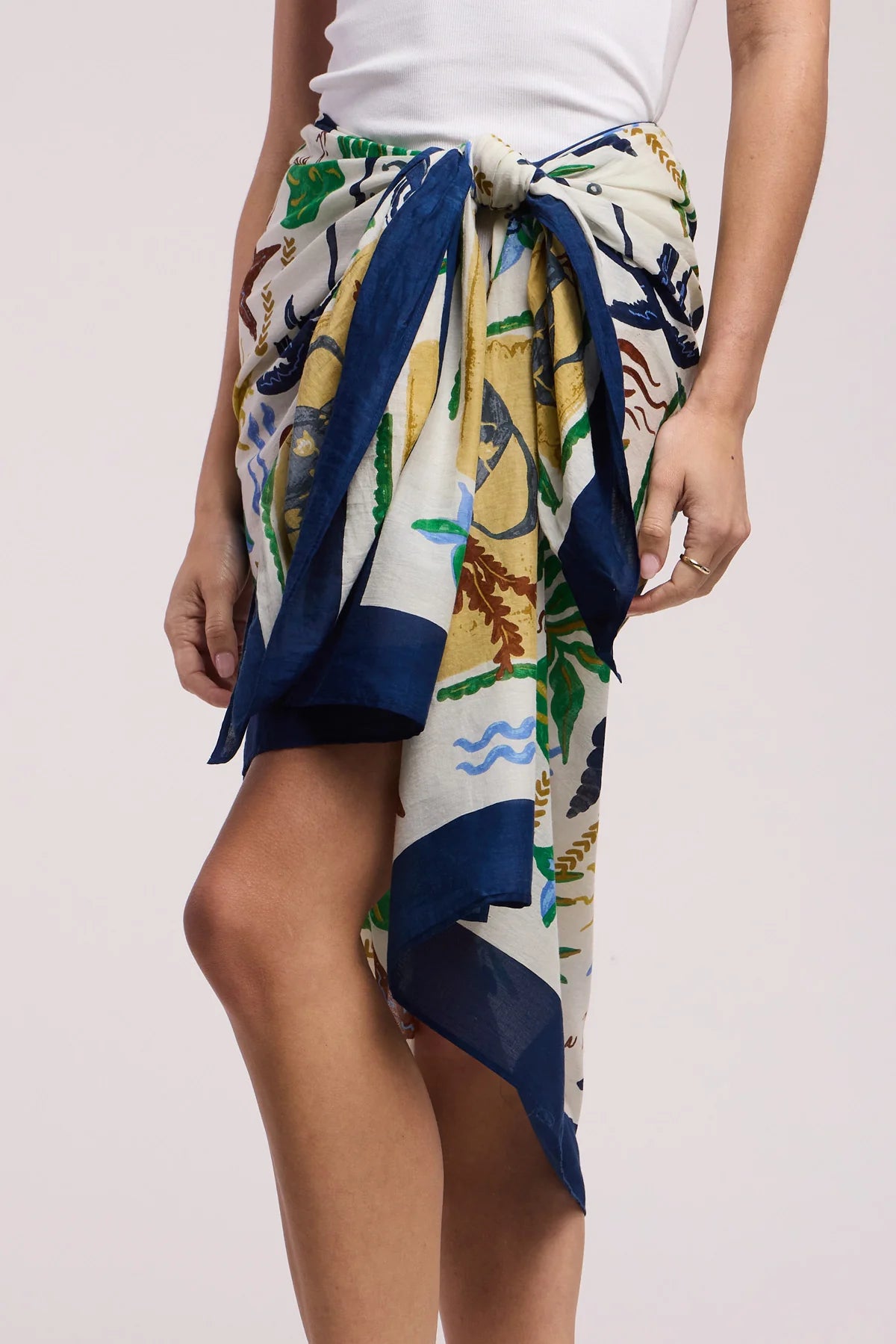 Person wearing a colorful floral sarong with a white background