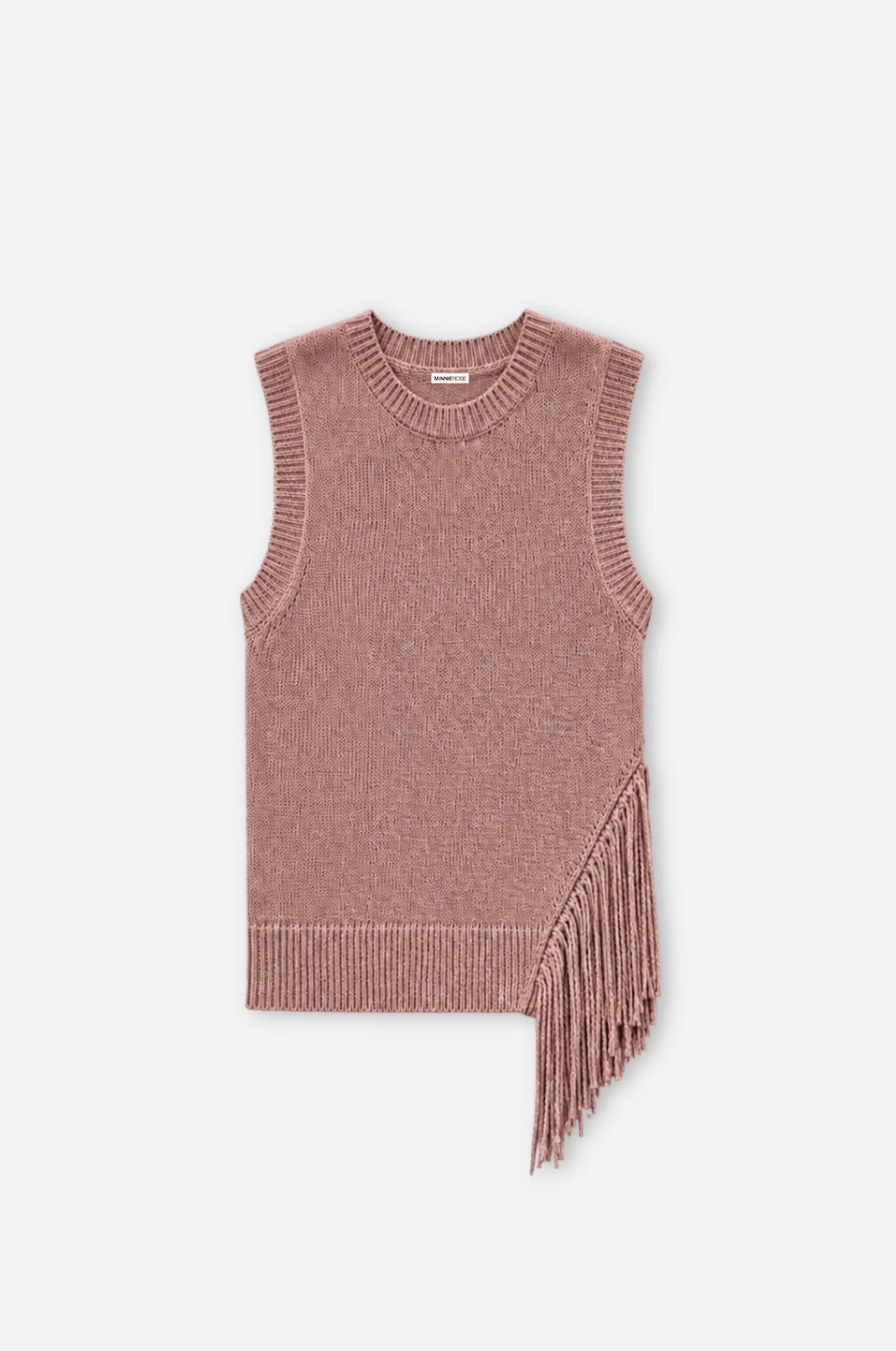 Pink sleeveless knitted top with fringe on a white background